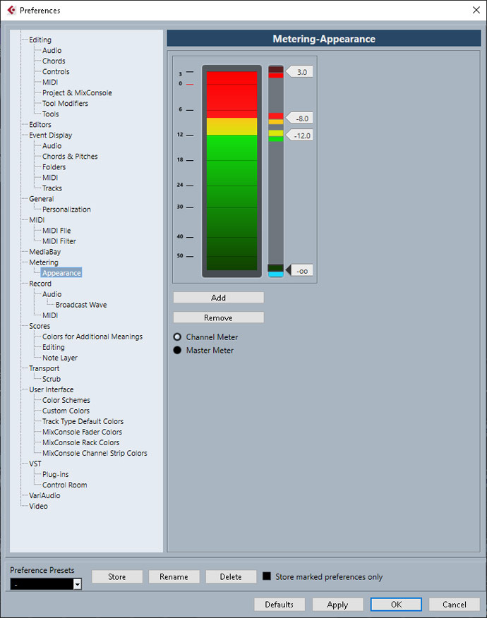 Cubase Channel Meter Settings for colouring