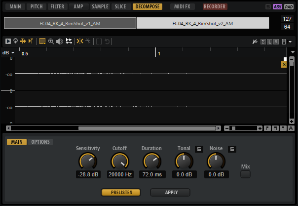 Groove Agent decompose feature for controlling tonal content in samples