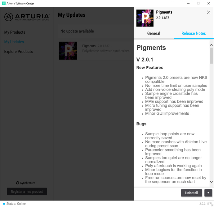 Arturia Pigments update 2.0.1.837